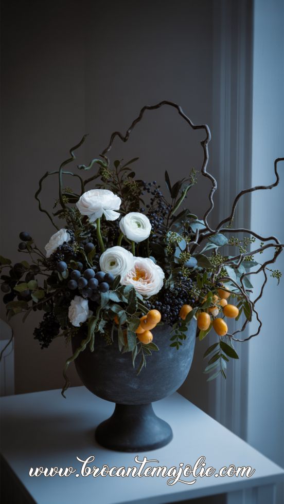 Moody Winter Arrangement with Kumquats & Ranunculus