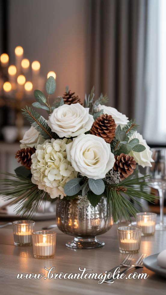 Elegant White Rose & Pinecone Winter Table Centerpiece