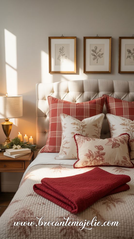Red & Cream Winter Bedding with Botanical Accents