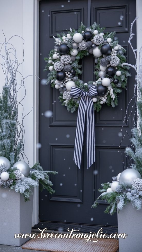 Black & White Winter Wreath on a Dark Front Door