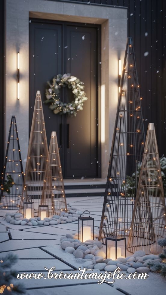 Minimalist metal trees and lanterns create a modern, softly lit winter pathway.