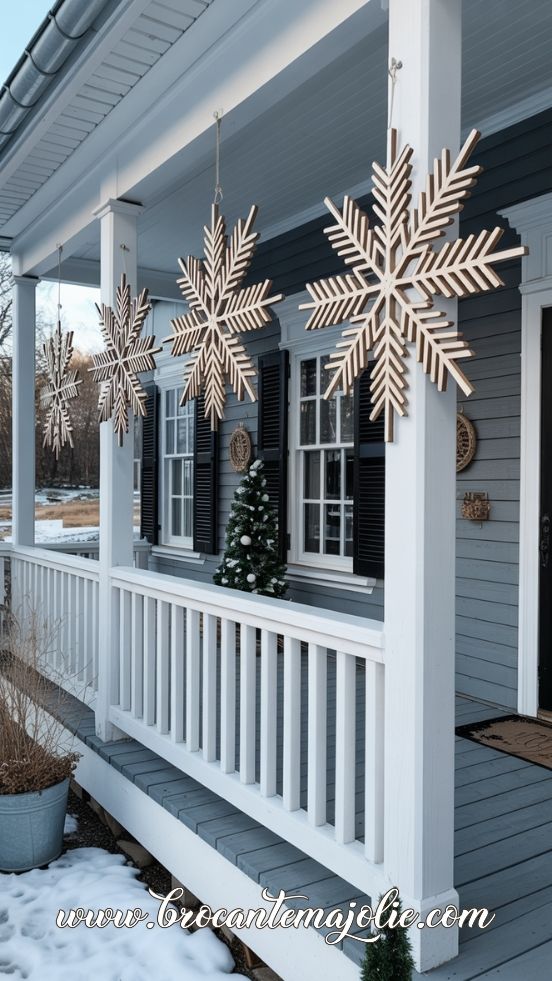Oversized Hanging Snowflakes on the Porch