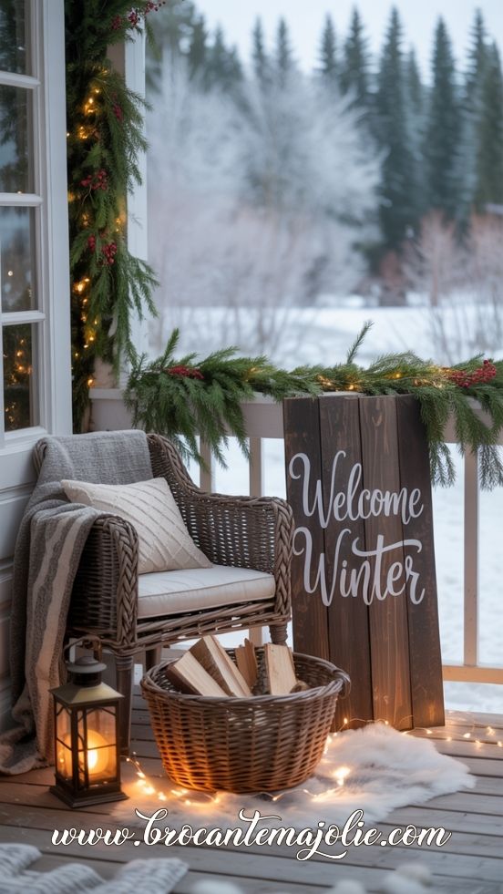 Cozy Winter Porch with Welcome Sign