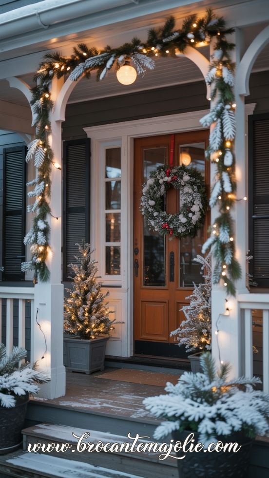 A classic winter porch with frosted garlands