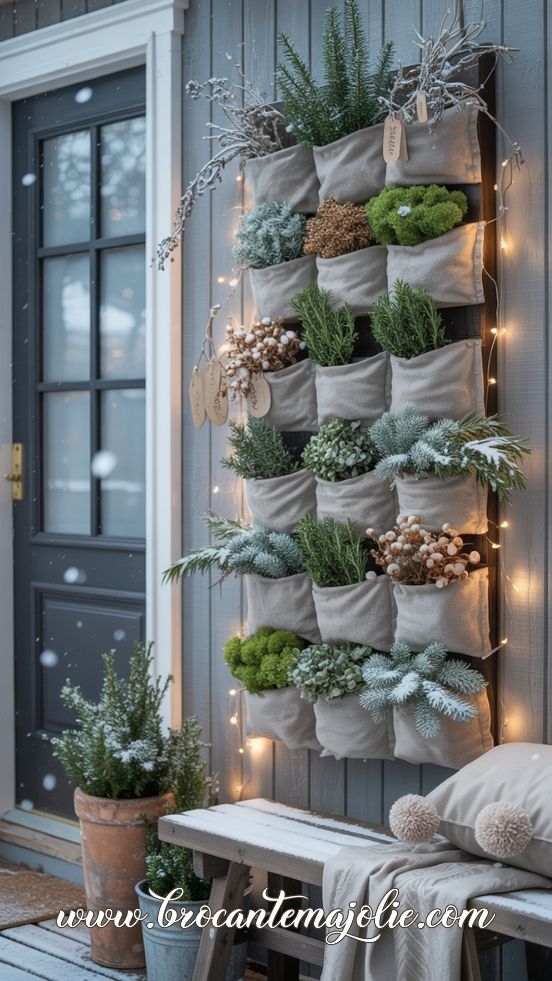 Winter Vertical Garden With Evergreens & Twinkle Lights