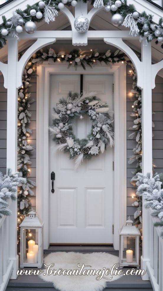 Soft White Frosted Wreath on a Cozy Cottage Entry