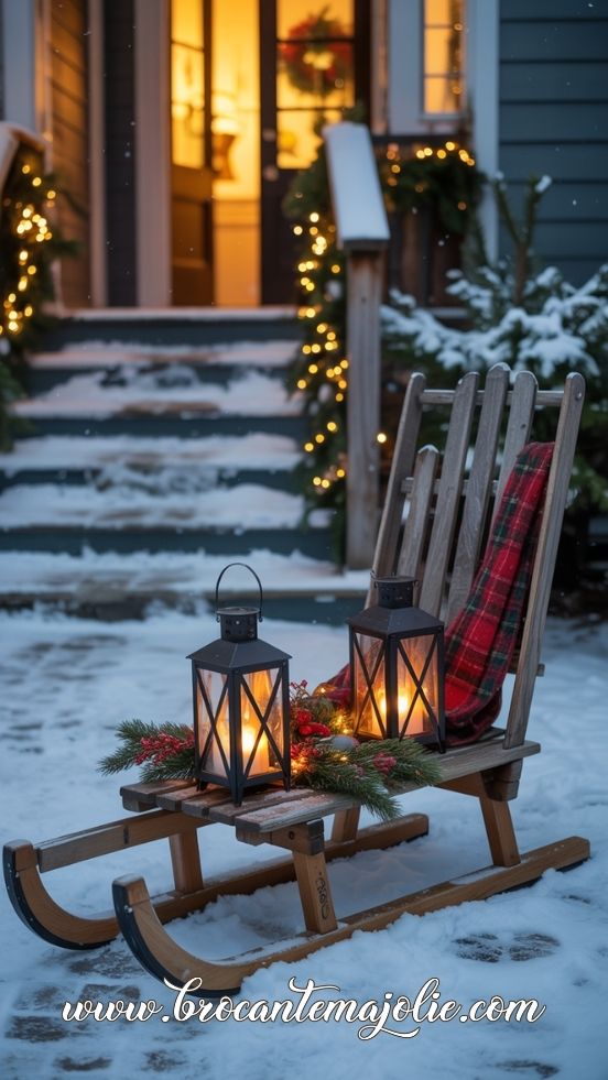 A vintage sled styled with lanterns