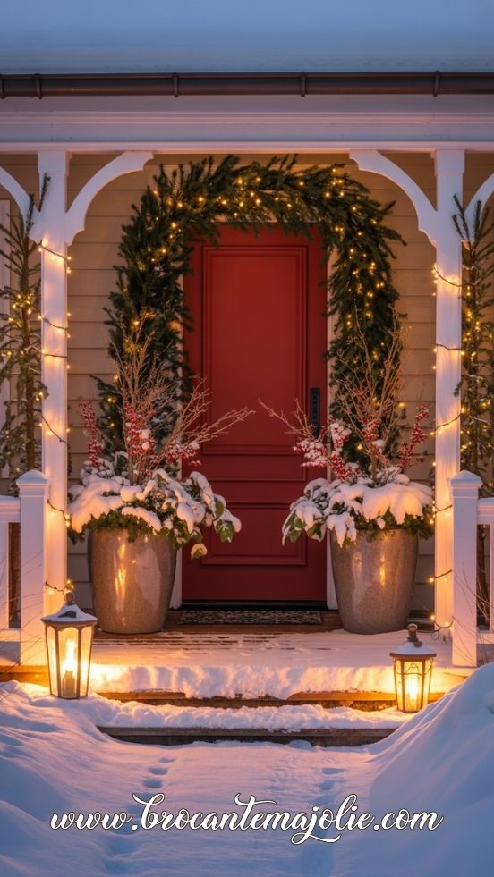 A red door framed with snowy greens and soft lights