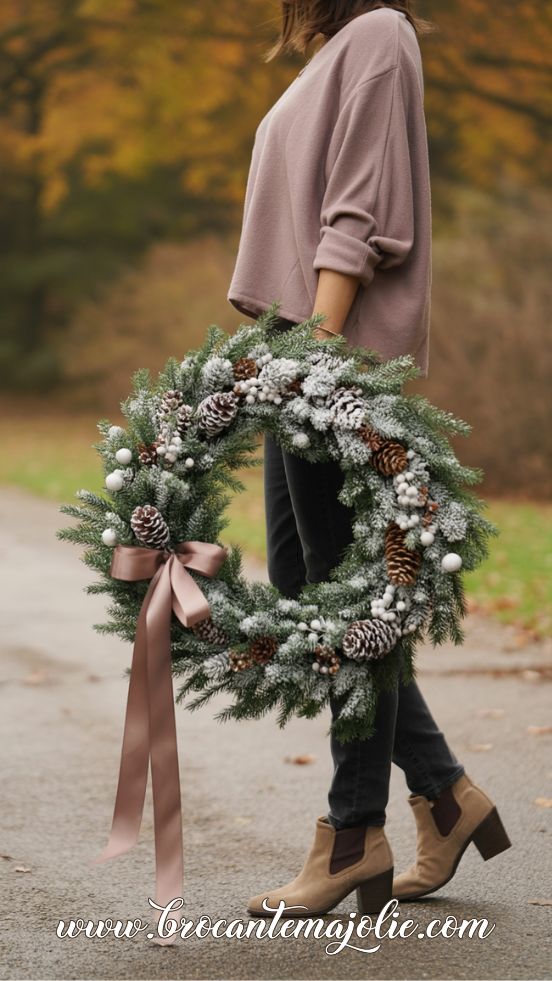 Soft Frosted Woodland Wreath With Rose-Gold Ribbon