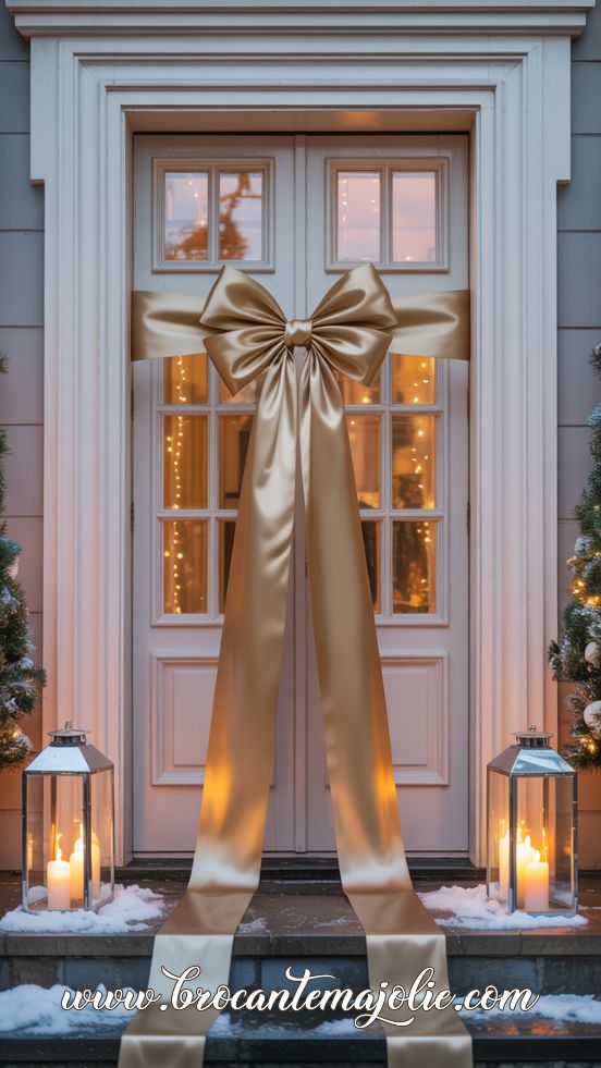 A chic oversized gold bow turns a simple entry into an elegant winter statement.