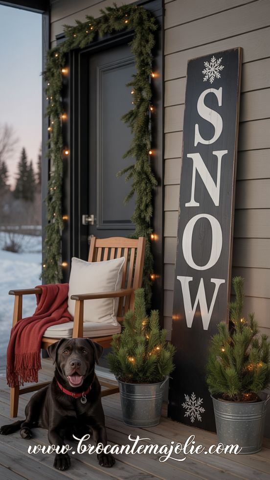 Bold “SNOW” Porch Sign with Evergreen Garland