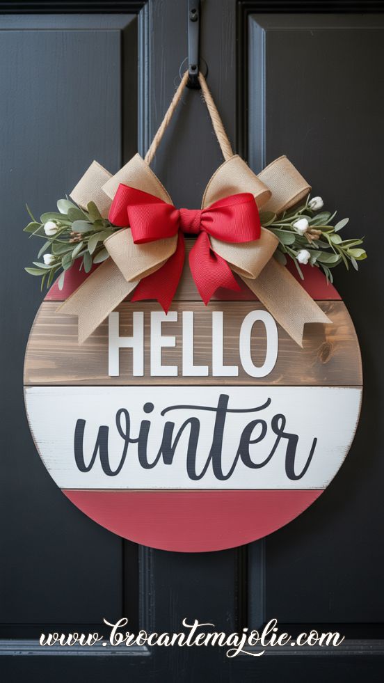“Hello Winter” Round Door Sign with Red Bow