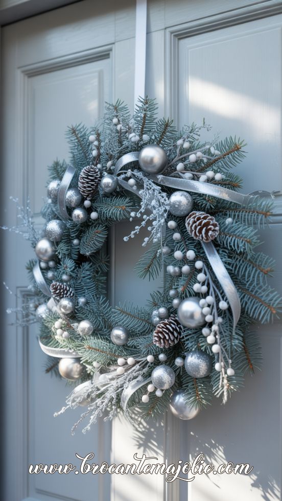 Elegant Silver Winter Wreath for a Classic Front Door Look