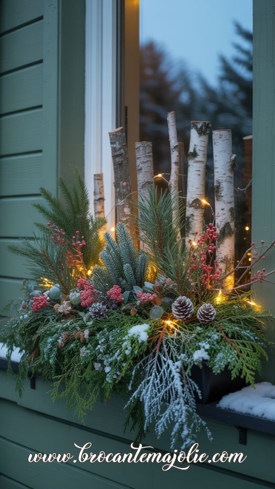 Birch-Branch Window Box with Warm Lights