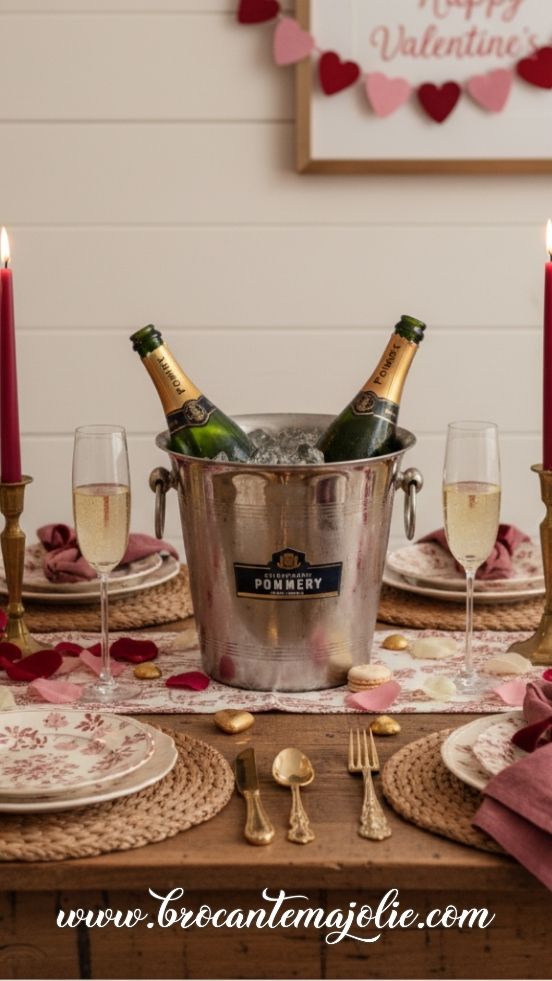 valentines table decor with champagne bucket