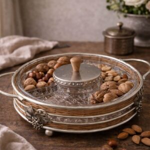 Vintage French Glass and Wicker Hors Doeuvres Serving Tray