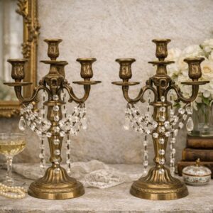 Pair of Antique French Bronze Candelabras with Crystal Drops