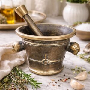 Large antique bronze apothecary mortar and pestle signed Jacques Lauterbach