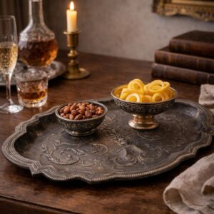 Antique ornate metal serving tray with floral arabesque relief and dark aged patina
