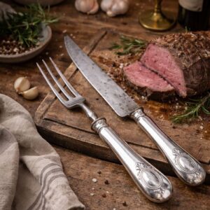 Antique French silverplate carving set by Boulenger Paris with knife and fork