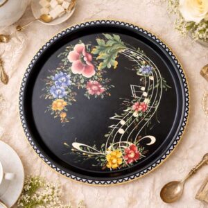 large vintage hand painted metal tray with floral design on black background
