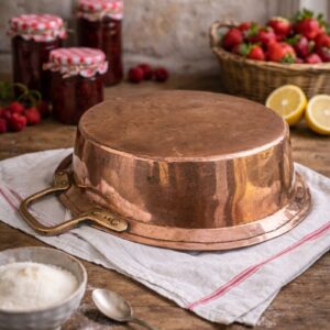 large vintage copper basin with side handles and aged patina
