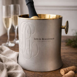 Vintage Louis Roederer champagne bucket in gold and brown metal with side handle and logo medallion