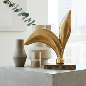 Mid century modern brass sculpture with abstract brutalist form on stone base