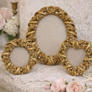 Set of 3 vintage gold frames with sculpted roses and ornate romantic detailing