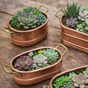Set of 4 Vintage Copper Planters with Brass Handles