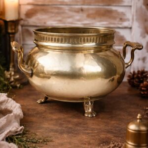 Small French vintage brass planter with handles and paw feet