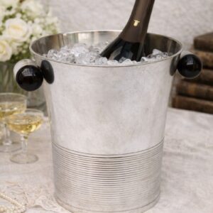 Vintage French Art Deco champagne bucket in silver plated metal with dark brown Bakelite handles