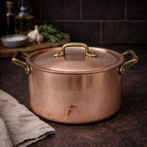 Vintage copper pot with lid by Tagus Chef made in Portugal with brass handles