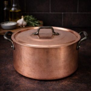 Vintage copper stockpot with lid, heavy traditional copper cooking pot
