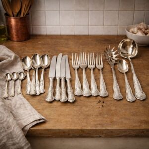 Vintage silver plated flatware set for 6 with serving pieces, French design, ARG 800 silver plate