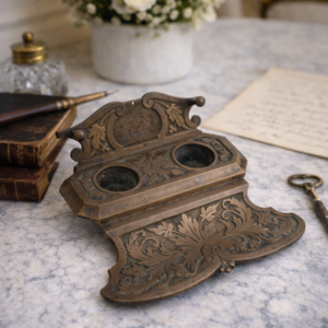 Antique Bronze Desk Inkwell with Ornate Decor – Double Inkstand, French Napoleon III Style