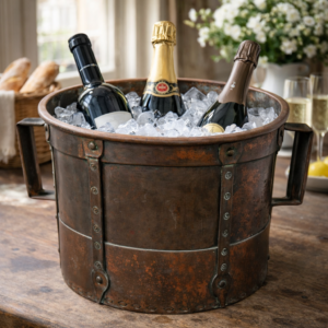 Antique patinated copper ferrat cauldron used as a rustic champagne bucket