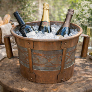 Large antique French copper ferrat water bucket with hand hammered decoration