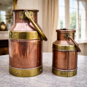 Handcrafted copper milk can set with brass accents in French country style