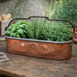 Rare small antique copper fish poacher with hand-hammered dragon motifs and aged patina