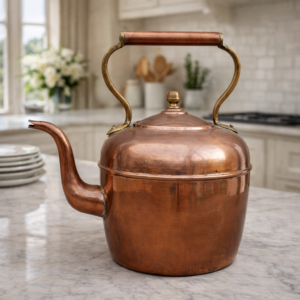 Vintage copper kettle with brass handle and curved spout