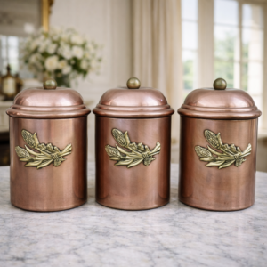 Vintage copper spice jars set with gilded decor and tinned interiors