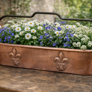 Vintage French copper fish poacher with fleur-de-lis motifs and aged patina