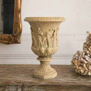 Antique neoclassical alabaster urn vase with classical figural relief scenes and carved decorative details