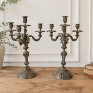 Large antique French candelabras pair with four scrolling arms and ornate Rococo decorative details