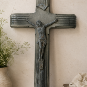 Large vintage French ceramic crucifix with metal Christ figure and aged gray patina wall decor