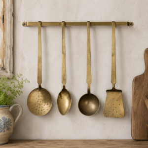 Vintage French brass kitchen utensil set with hanging rack displayed as French country kitchen decor