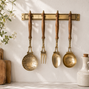 Vintage French brass kitchen utensils with wooden handles and wall rack displayed as French country kitchen decor