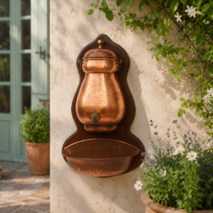 Vintage copper wall fountain with hammered copper basin and wooden backing in French country style