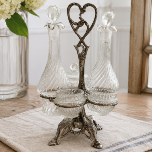 Vintage French cruet set with glass bottles and Art Nouveau condiment stand
